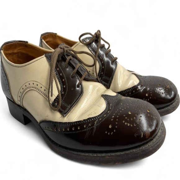Vintage Brown Ivory Wingtip Leather Shoes Men's 8.5 Lace Up Oxfords Goodyear - Picture 1 of 14